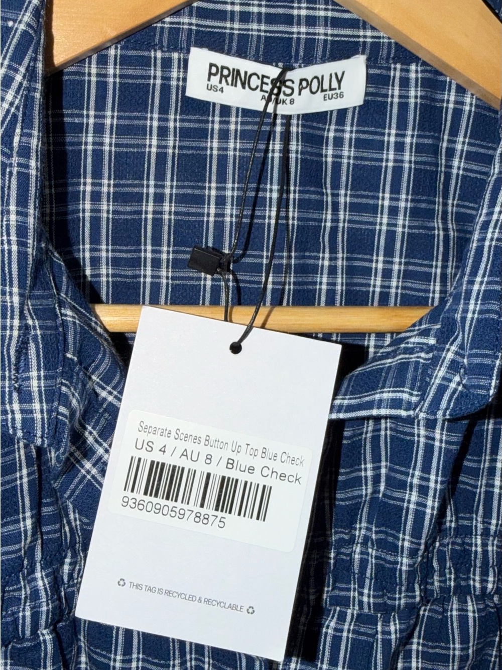 Princess Polly NWT Separate Scenes Button Up Blue Plaid Blouse Size 4 - Picture 4 of 6